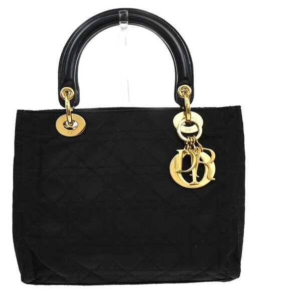 CHRISTIAN DIOR Logo Lady Cannage Hand Bag Nylon Leather Black GHW Italy 11EE999 - Picture 1 of 16